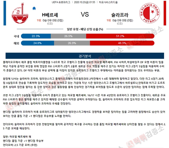 분석픽 10월 23일 유로파리그 24경기 먹튀검증소 분석픽