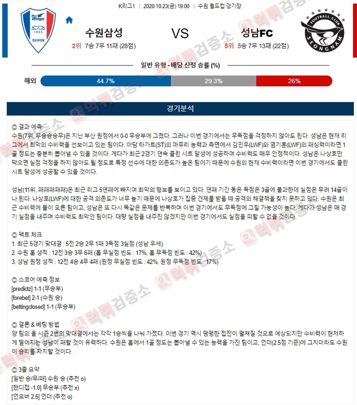 분석픽 10월 23일 K리그1 수원삼성 성남FC 먹튀검증소 분석픽