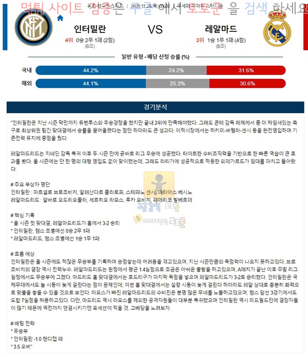 분석픽 11월 26일 UCL 8경기 토토군 분석