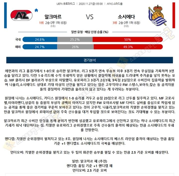 분석픽 11월 27일 UEL 24경기 토토군 분석