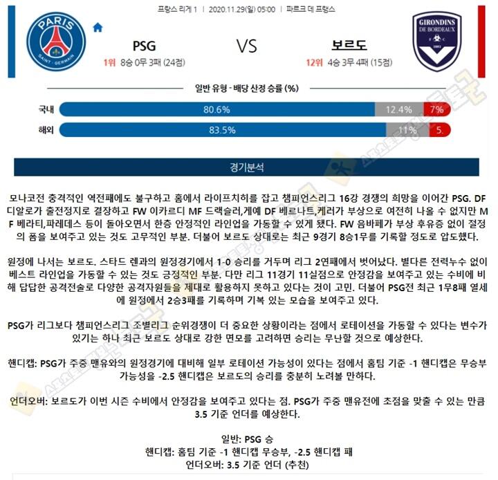 분석픽 11월 29일 리그앙 2경기 토토군 분석