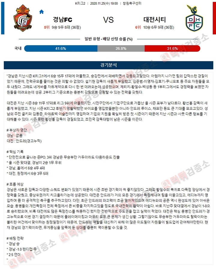 분석픽 11월 25일 K리그2 경남FC 대전시티 먹튀검증소 분석픽