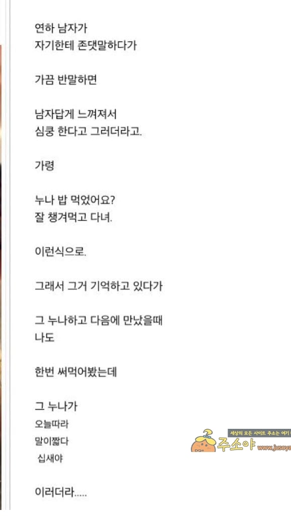 주소야 유머 연하남이 존댓말하다가 가끔 반말하면 남자답게 느껴져서 심쿵한다고 그러더라고