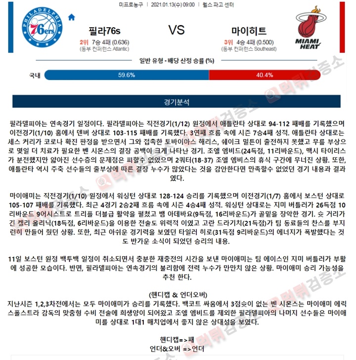 분석픽 1월 13일 NBA 7경기 먹튀검증소 분석픽