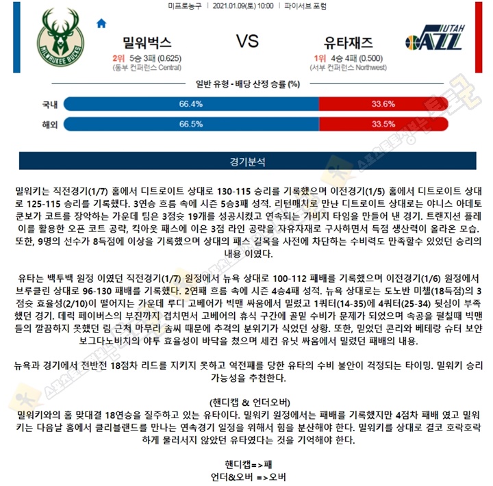 분석픽 1월 09일 NBA 10경기 토토군 분석