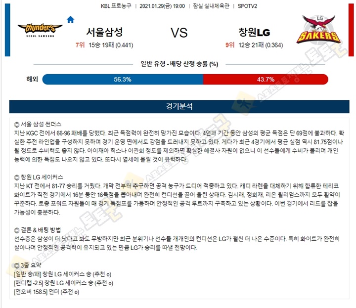 분석픽 1월 29일 KBL 서울삼성 창원LG 토토군 분석