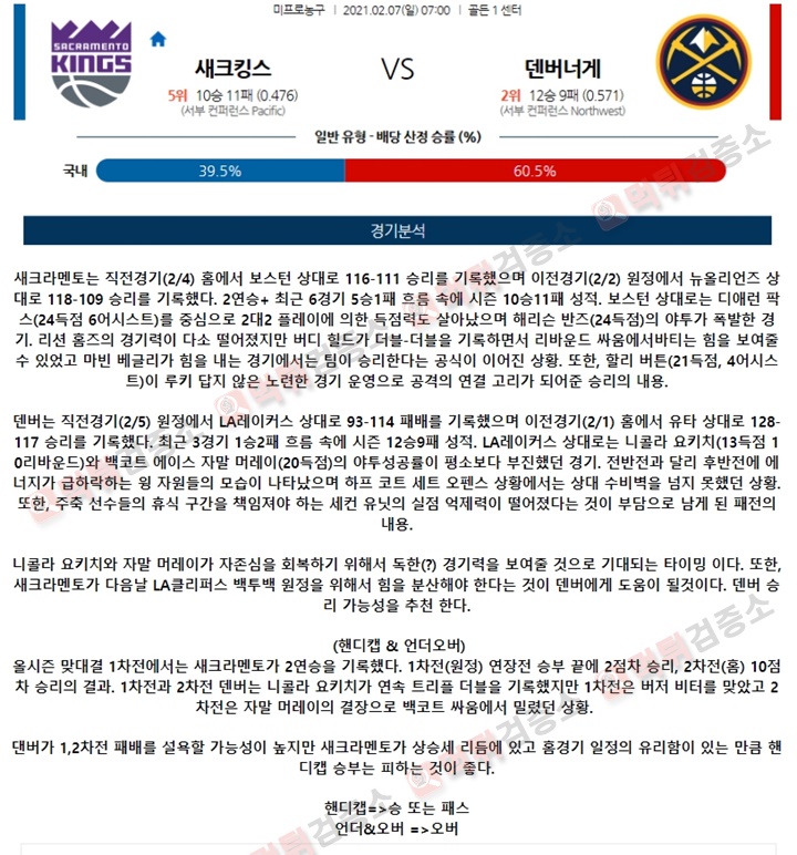 분석픽 02월 07일 NBA 11경기 먹튀검증소 분석픽