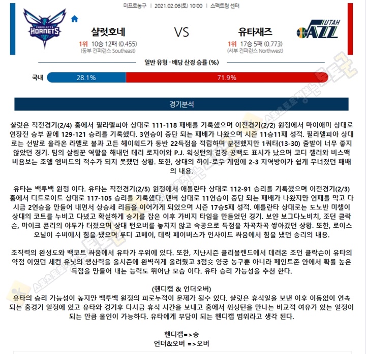 분석픽 02월 06일 NBA 9경기 토토군 분석