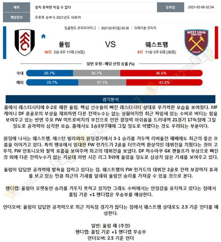 분석픽 02월 06-07일 EPL 5경기 토토군 분석