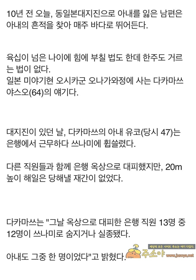 주소야 유머 동일본대지진 때 실종된 아내 찾아 10년째 바다 뒤지는 남편