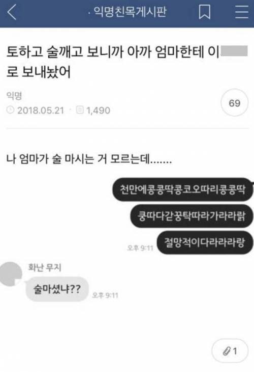 술 깨고 보니까 엄마한테 이렇게 톡보냄