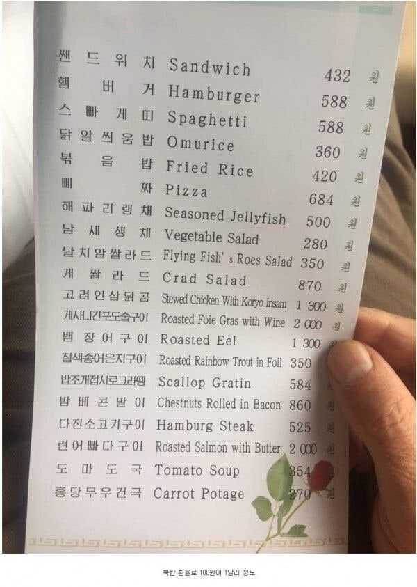 북한 레스토랑의 메뉴