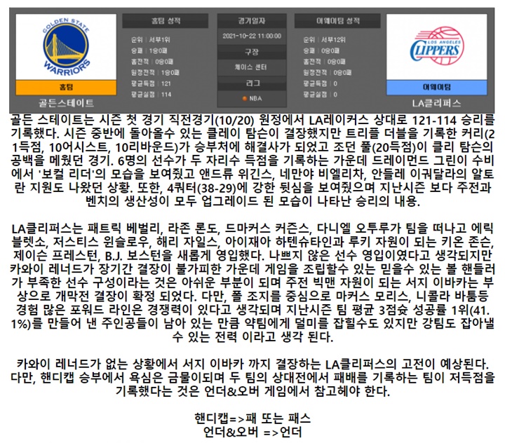 10월 22일 NBA 3경기 분석픽