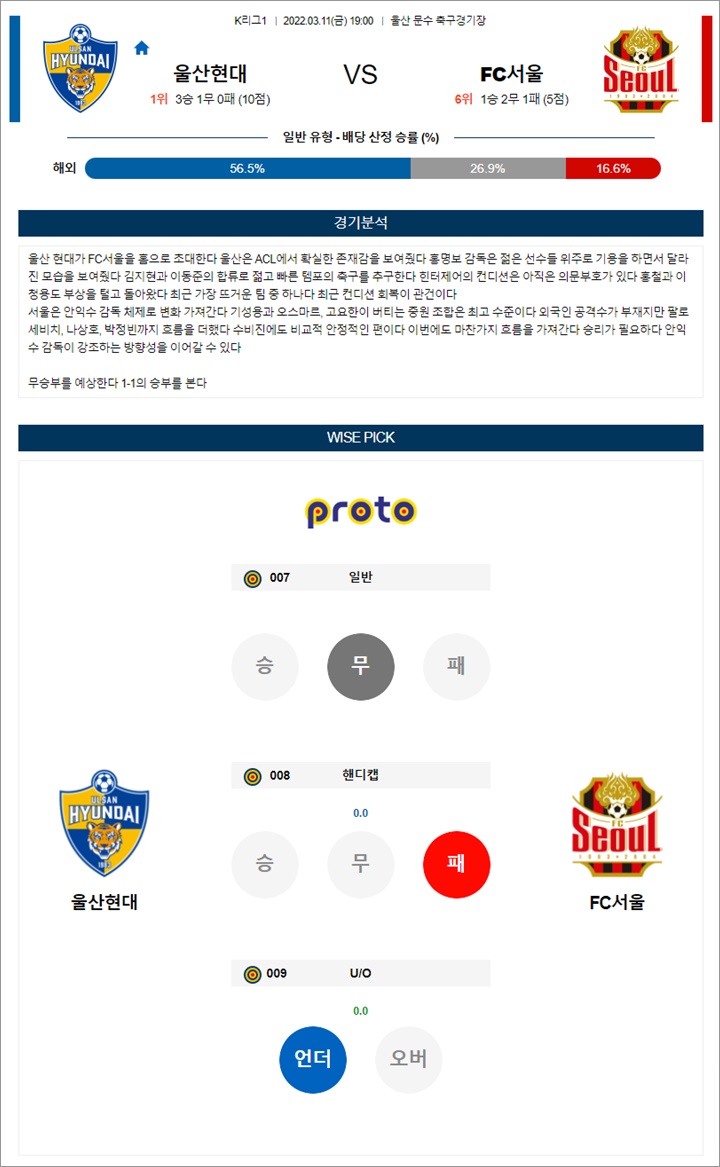 3월 11일 K리그1 2경기 분석픽