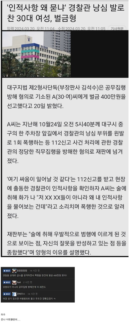 경찰 낭심 걷어찬 30대 여성 벌금 400만원