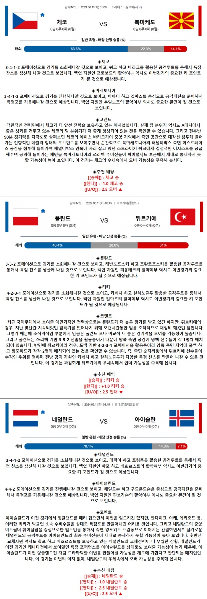 6월 11일 축구A매치 3경기