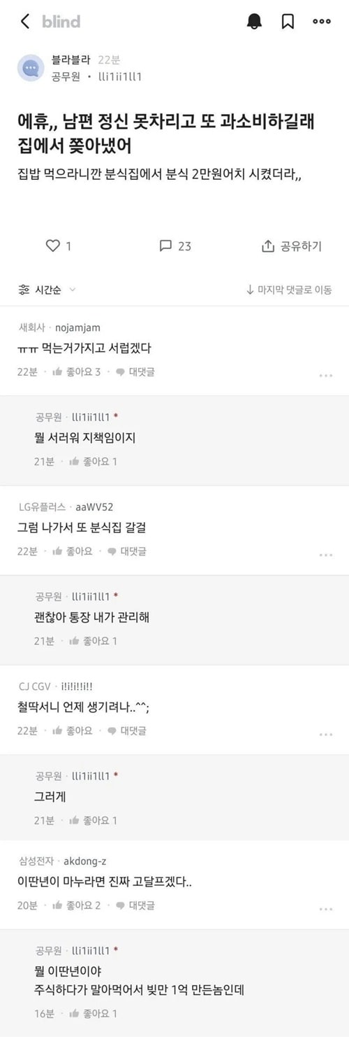 남편을 분식 2만원어치 과소비 했다고 집에서 쫒아냄