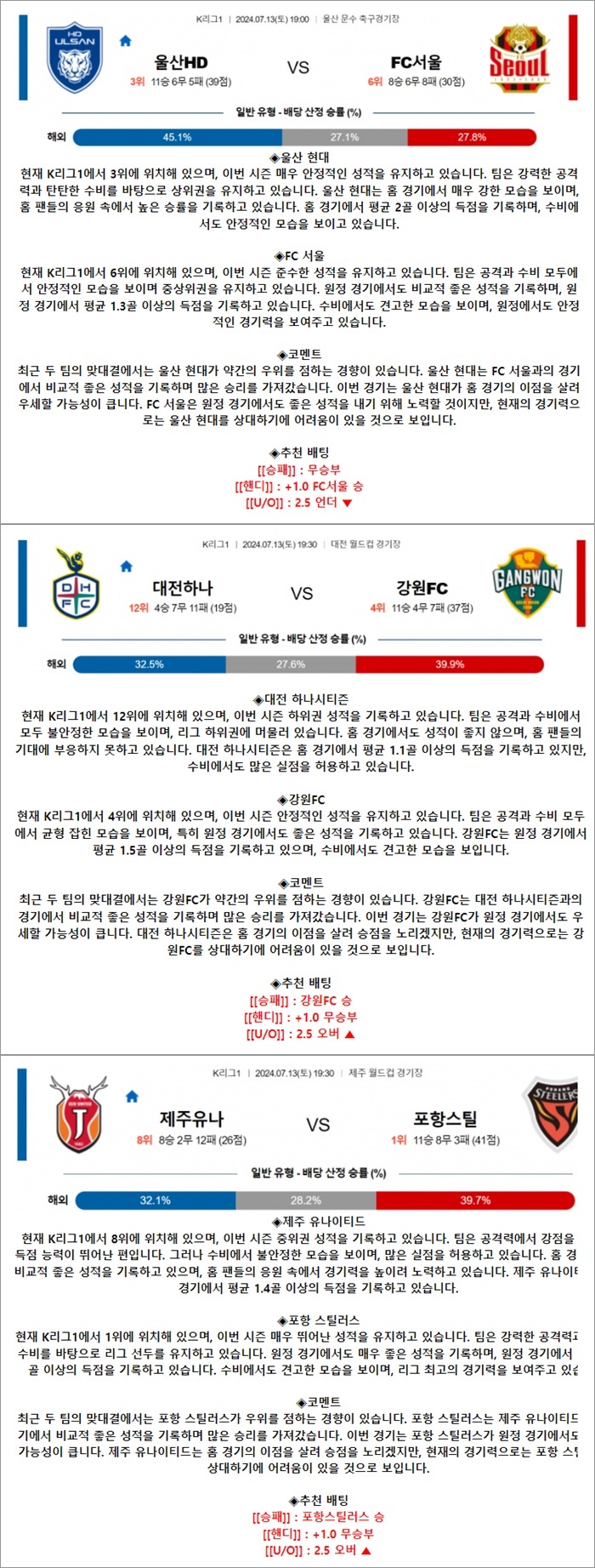 7월 13일 K리그1 3경기